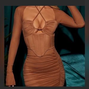 Oh Polly Ruched Mini Dress in Cognac Brown